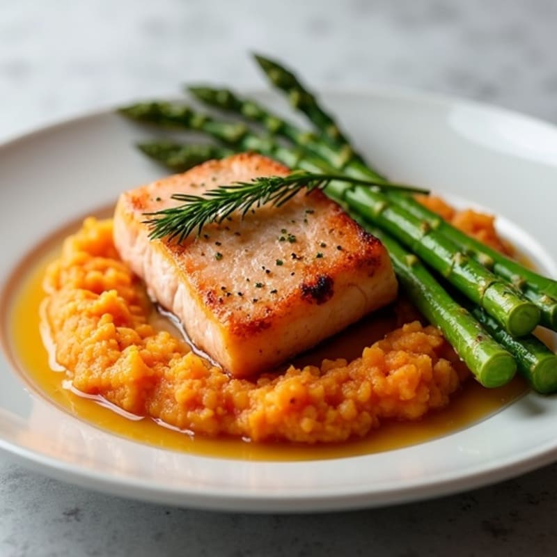 Seared Salmon Fillet with Roasted Asparagus and Sweet Potato Mash