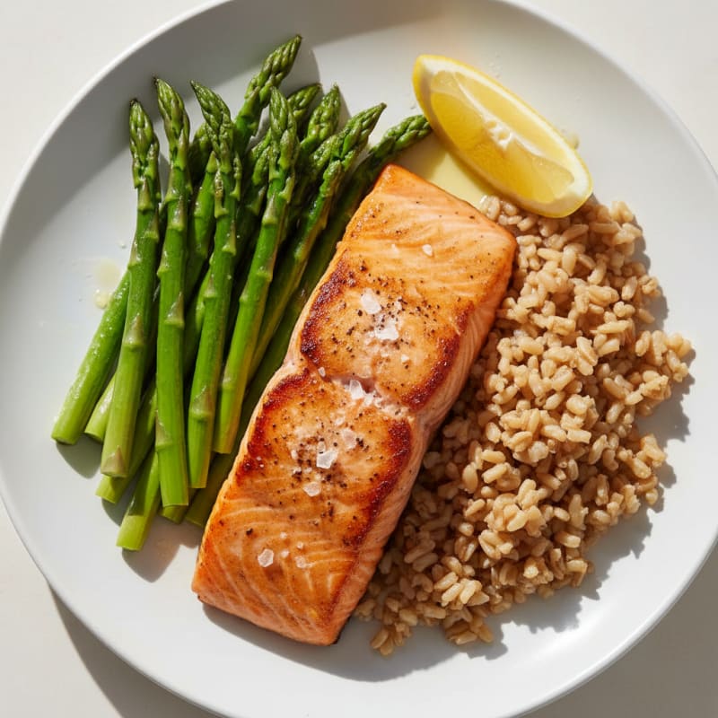 Seared Salmon Fillet with Steamed Asparagus and Brown Rice
