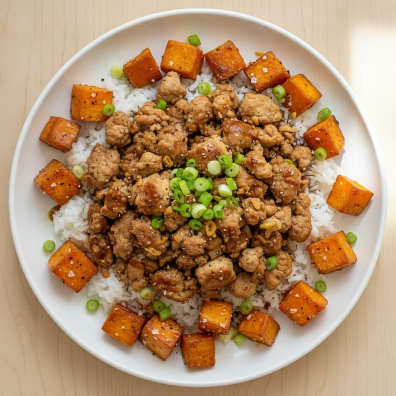 Ginger-Garlic Ground Chicken and Turkey with Sweet Potatoes