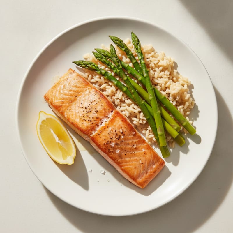 Seared Salmon Fillet with Steamed Asparagus and Brown Rice