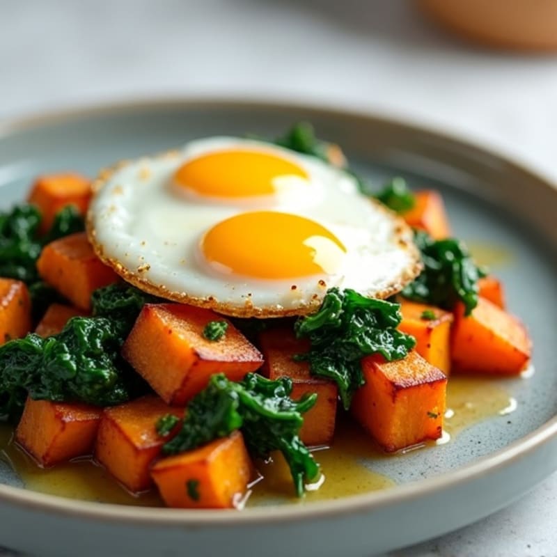 Egg and Sweet Potato Hash with Sautéed Spinach