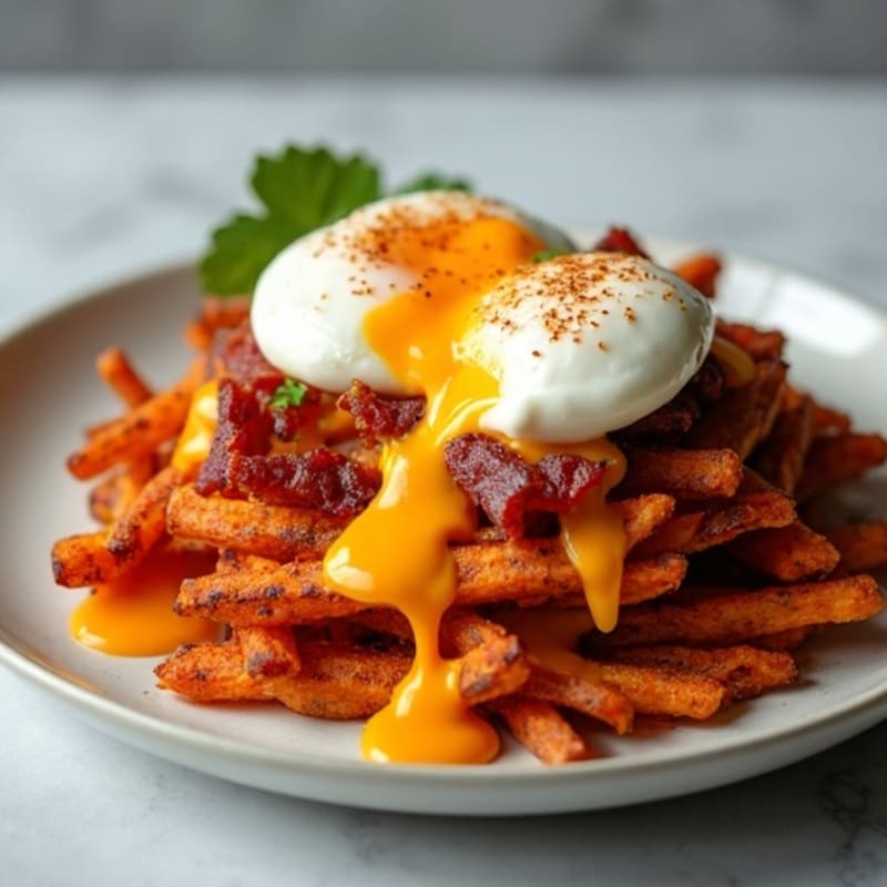 Crispy Roasted Sweet Potato Fries with Smoky Bacon Crumbles and Creamy Cheesy Drizzle