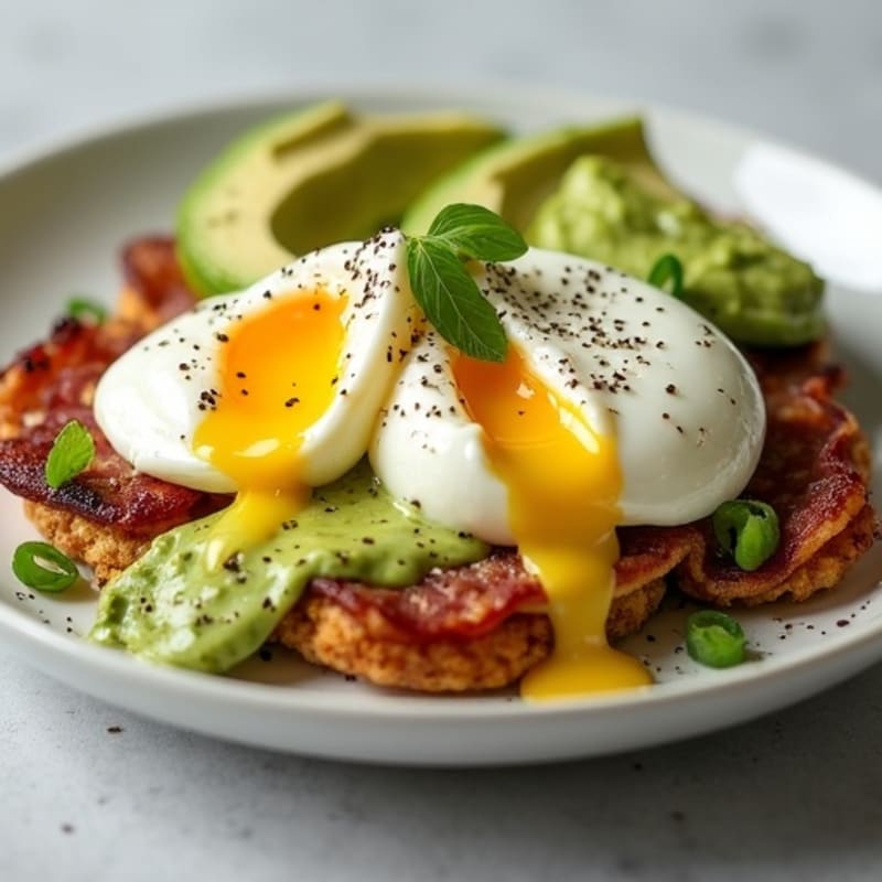 Poached Eggs with Crispy Turkey Bacon and Creamy Avocado Sauce