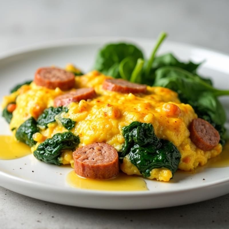 Cottage Cheese Egg Scramble with Spinach and Turkey Sausage