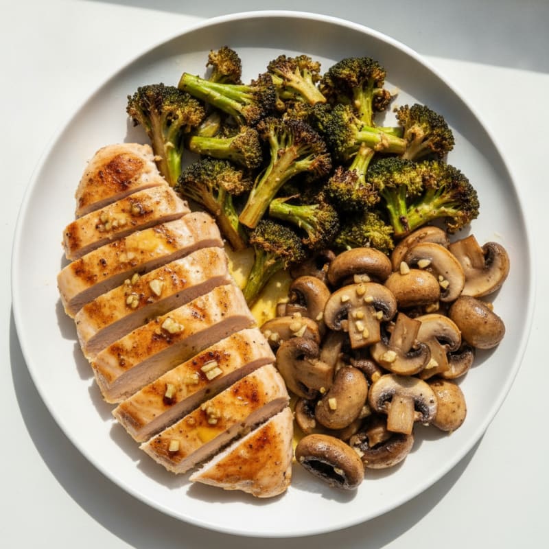 Grilled Chicken Breast with Roasted Broccoli and Garlic Mushrooms