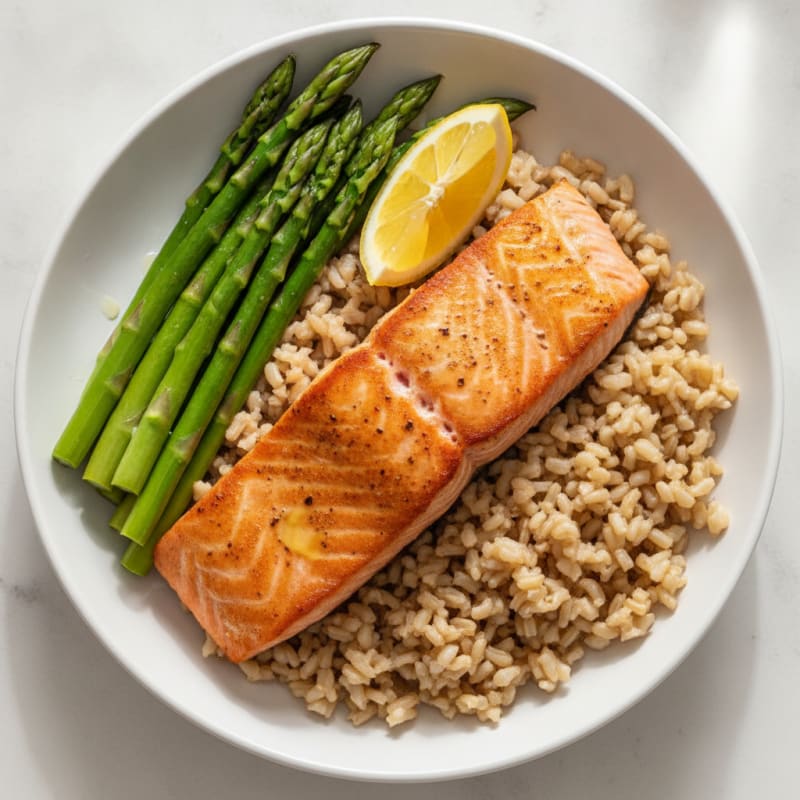 Seared Salmon with Steamed Asparagus and Brown Rice