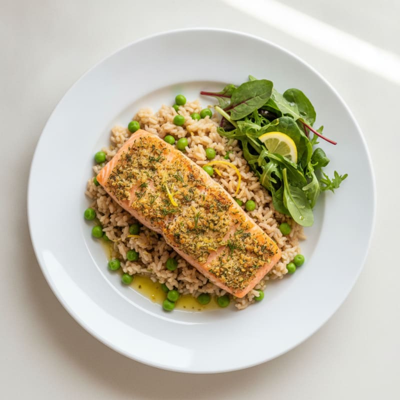 Baked Salmon with Lemon-Herb Rice and Peas