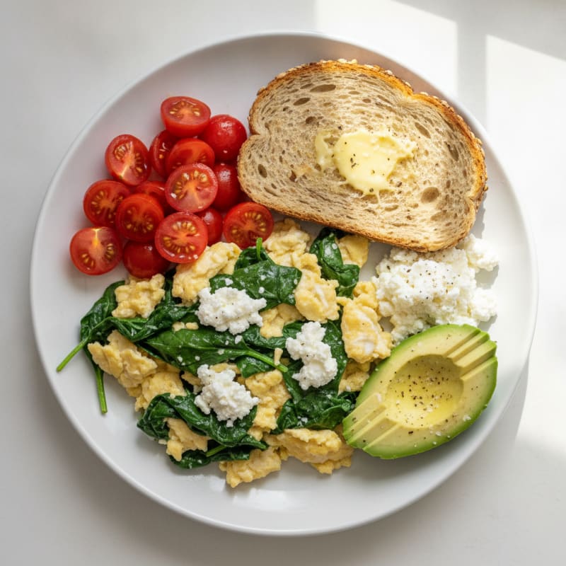 Egg White Spinach Scramble with Cottage Cheese and Cherry Tomatoes