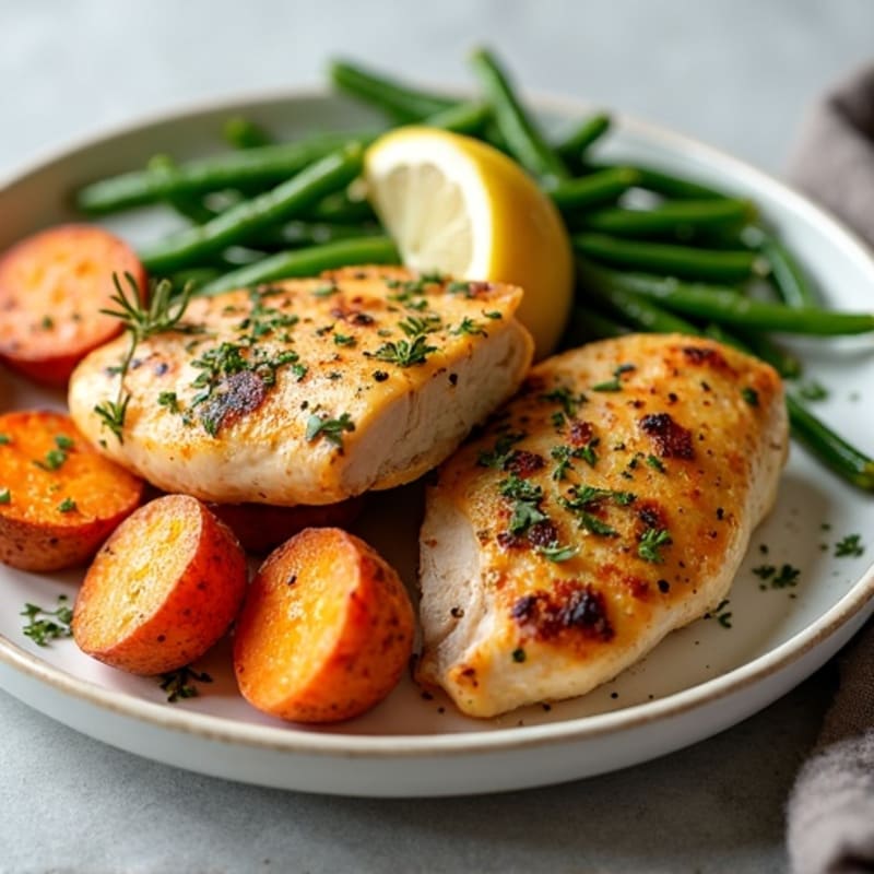 Lemon-Herb Roasted Chicken with Crispy Roasted Sweet Potatoes and Fresh Green Beans