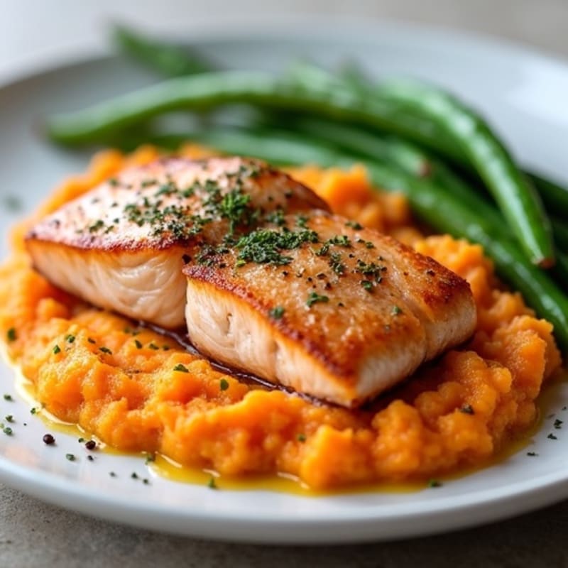 Seared Salmon Fillet with Steamed Green Beans and Sweet Potato Mash