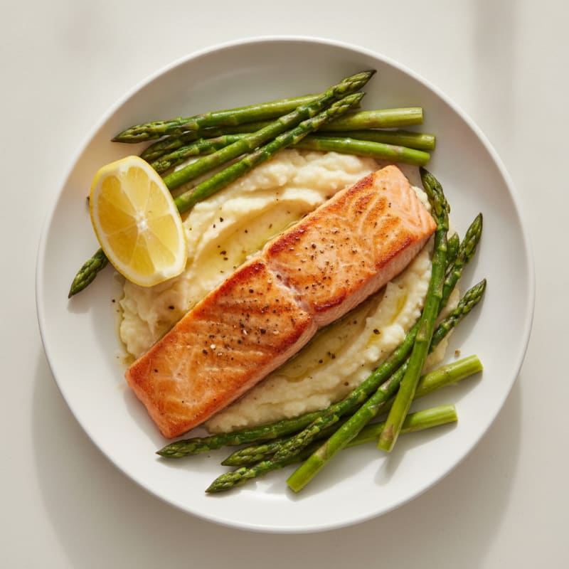 Seared Salmon with Steamed Asparagus and Cauliflower Mash