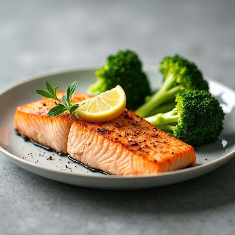 Seared Salmon with Steamed Broccoli and Lemon