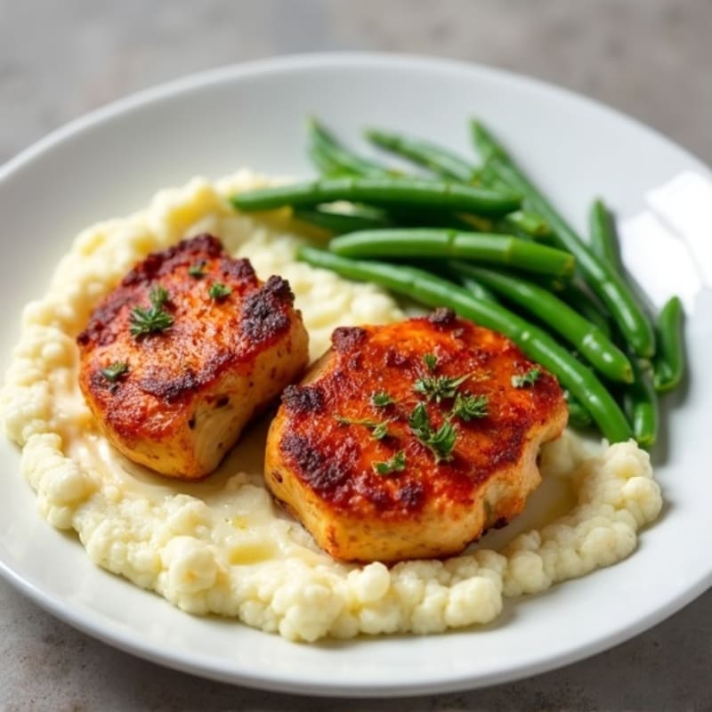 Harissa-Spiced Chicken Thighs with Creamy Cauliflower Mash and Crisp Green Beans