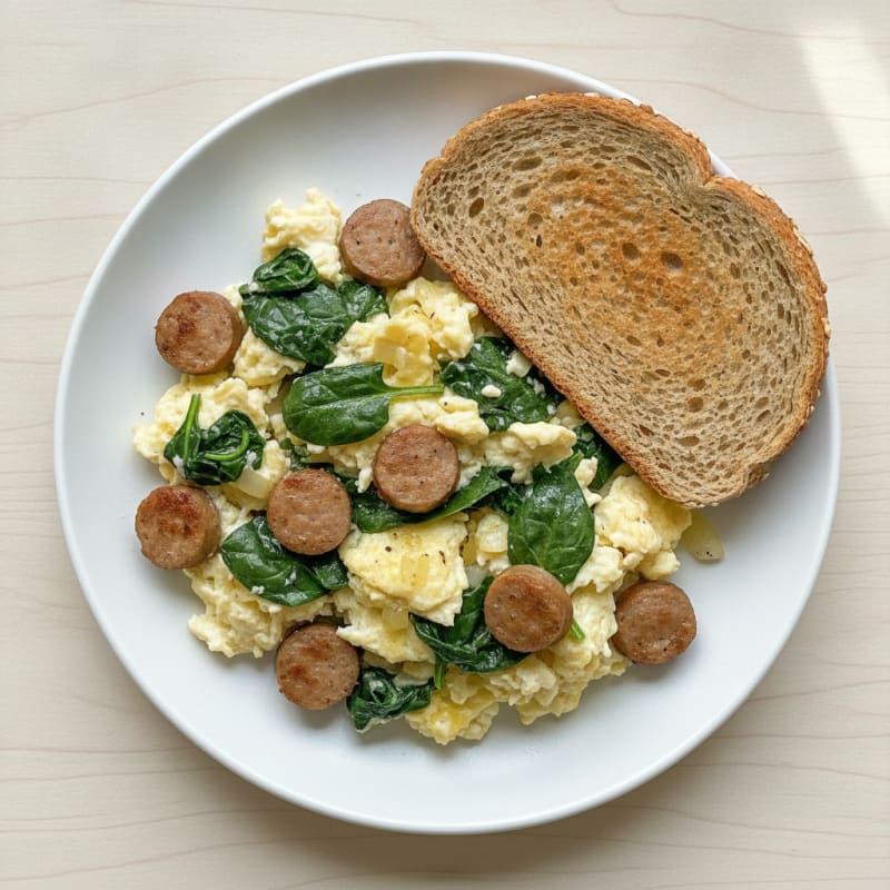 Egg White Scramble with Turkey Sausage and Sautéed Spinach