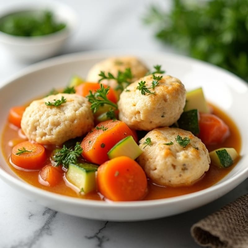 Tender Chicken and Vegetable Stew with Light Herb Dumplings