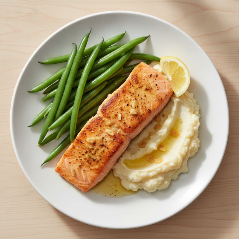 Seared Salmon with Steamed Green Beans and Garlic Mashed Cauliflower