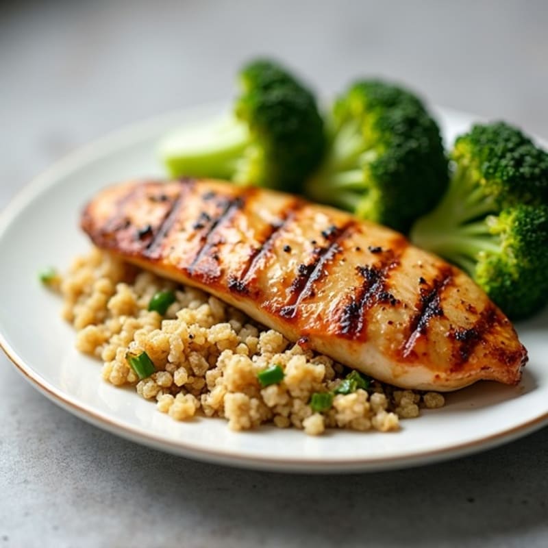 Grilled Chicken Breast with Steamed Broccoli and Quinoa