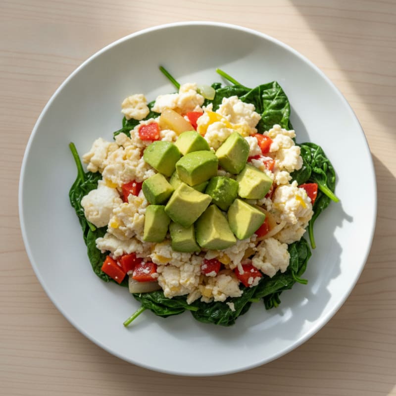 Egg White Veggie Scramble with Sautéed Spinach