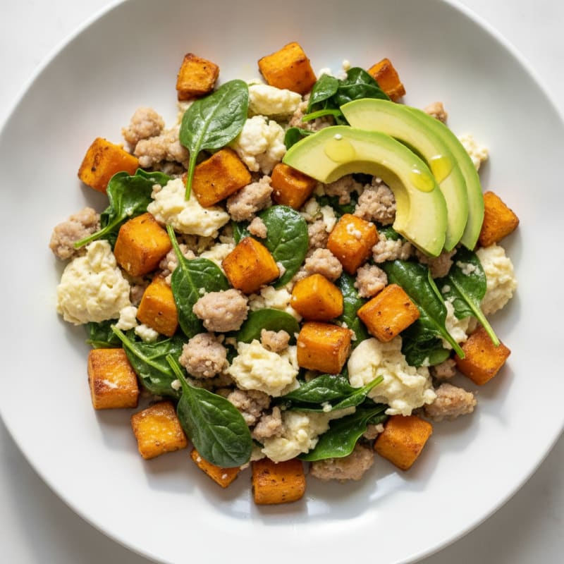Egg White and Turkey Sausage Scramble with Spinach and Sweet Potato