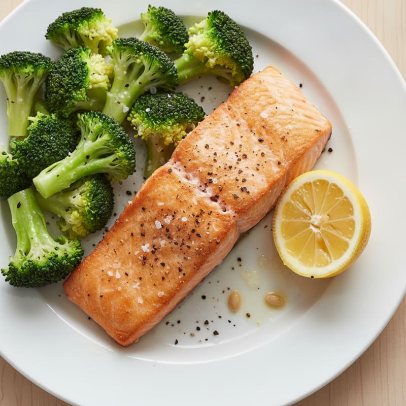 Seared Salmon with Steamed Broccoli and Lemon