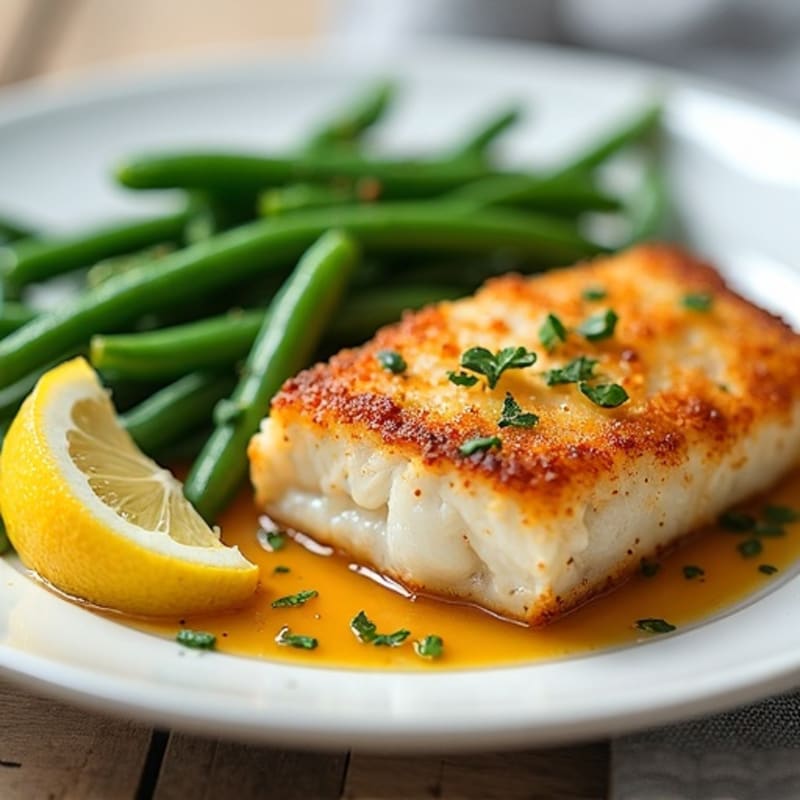 Crispy Pan-Seared Cod with Lemon-Garlic Green Beans