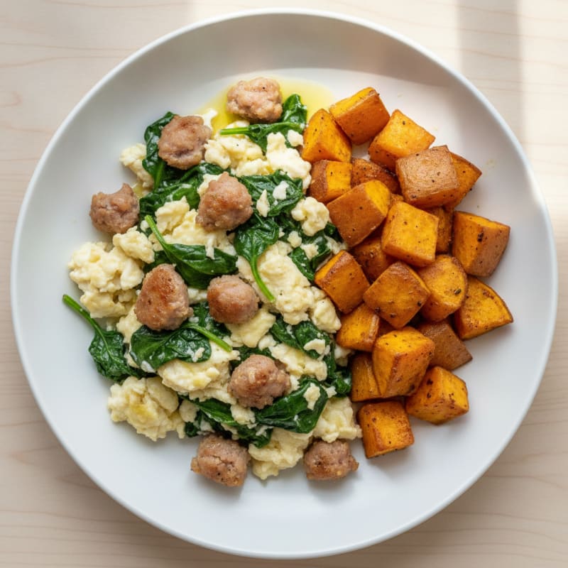 Egg White and Chicken Sausage Scramble with Spinach and Roasted Sweet Potatoes