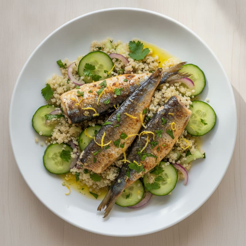 Lemon Herb Grilled Sardines with Quinoa and Cucumber Salad