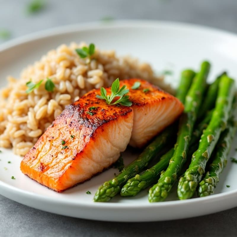 Seared Salmon with Steamed Asparagus and Brown Rice