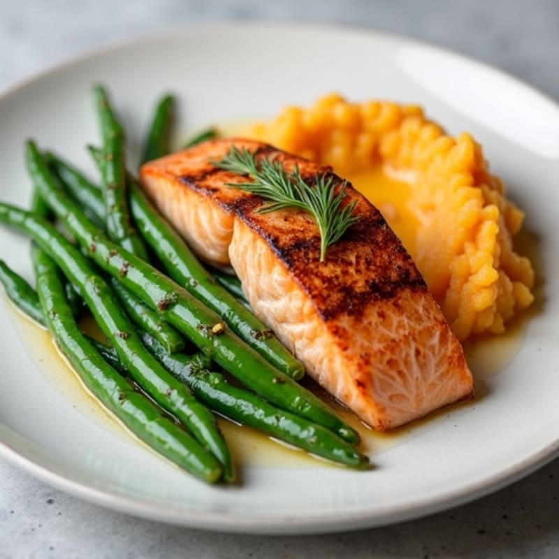 Seared Salmon with Steamed Green Beans and Garlic Mashed Sweet Potatoes