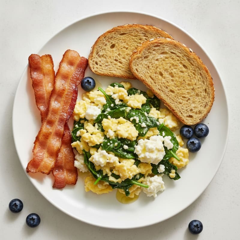 Cottage Cheese Scramble with Spinach and Turkey Bacon