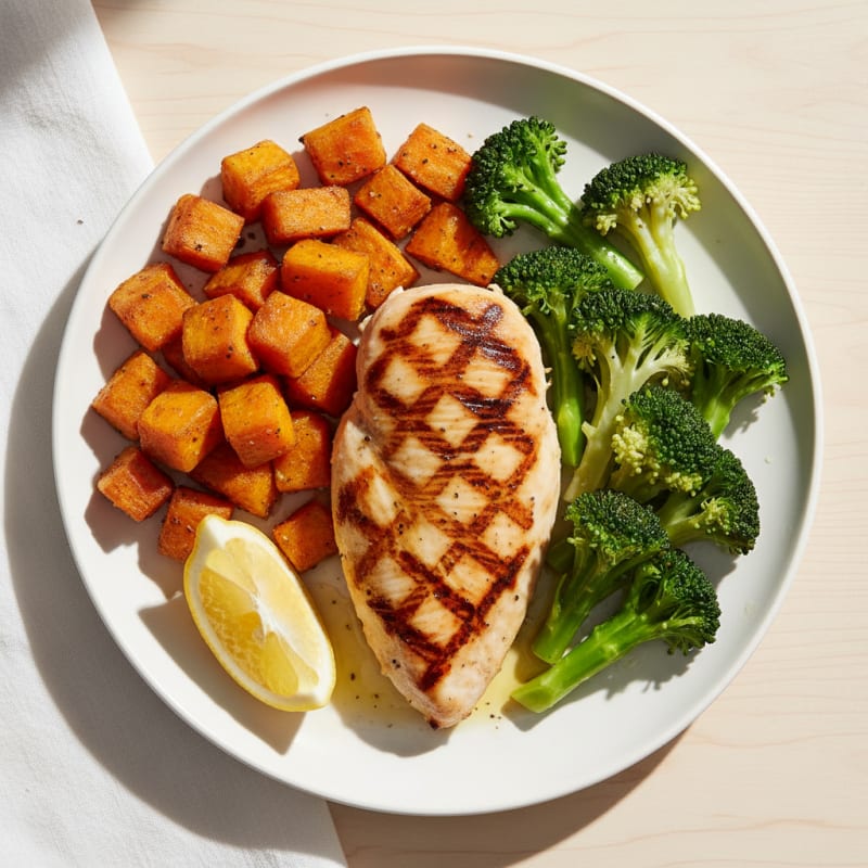 Grilled Chicken Breast with Roasted Sweet Potatoes and Steamed Broccoli