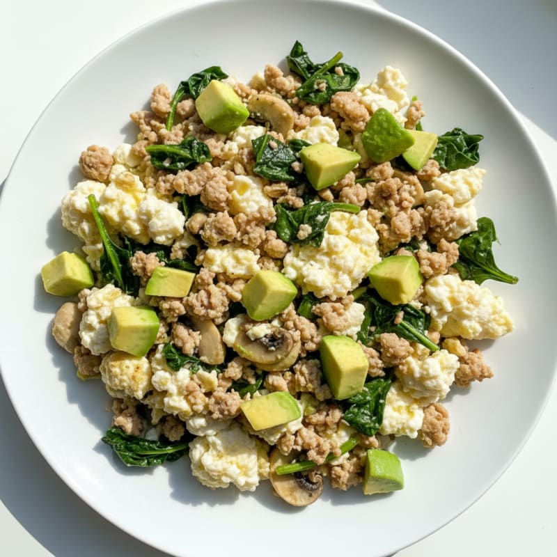 Egg White and Turkey Scramble with Spinach and Mushrooms