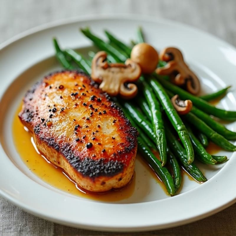 Pan-Seared Chicken with Roasted Garlic Butter Mushrooms and Crispy Green Beans