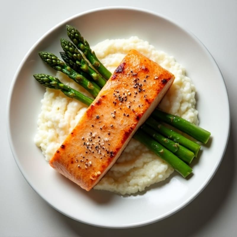 Seared Salmon with Steamed Asparagus and Garlic Cauliflower Mash
