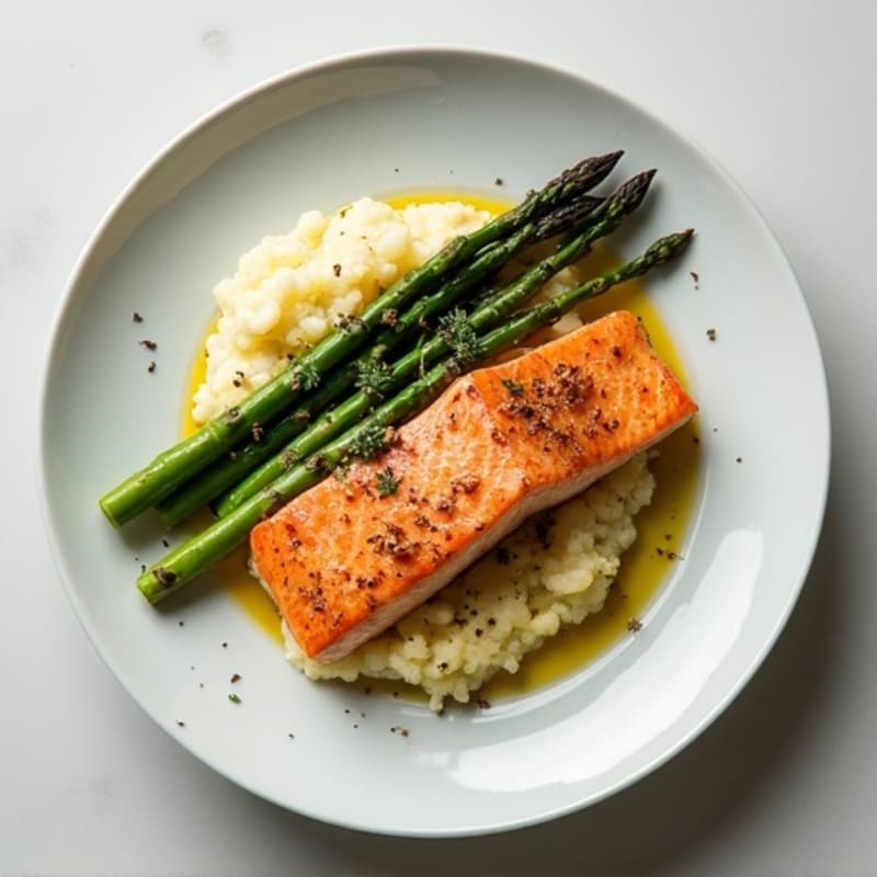 Seared Salmon Fillet with Roasted Asparagus and Cauliflower Mash
