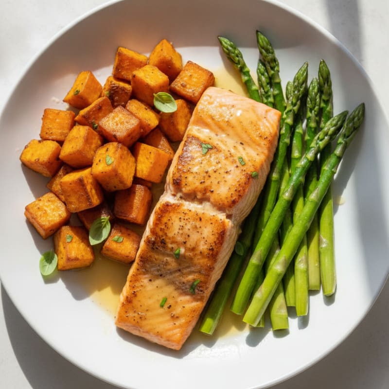 Seared Salmon Fillet with Roasted Sweet Potatoes and Asparagus