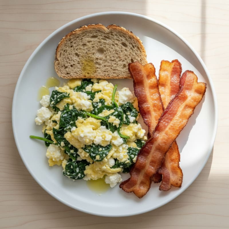 Cottage Cheese Scramble with Spinach and Turkey Bacon