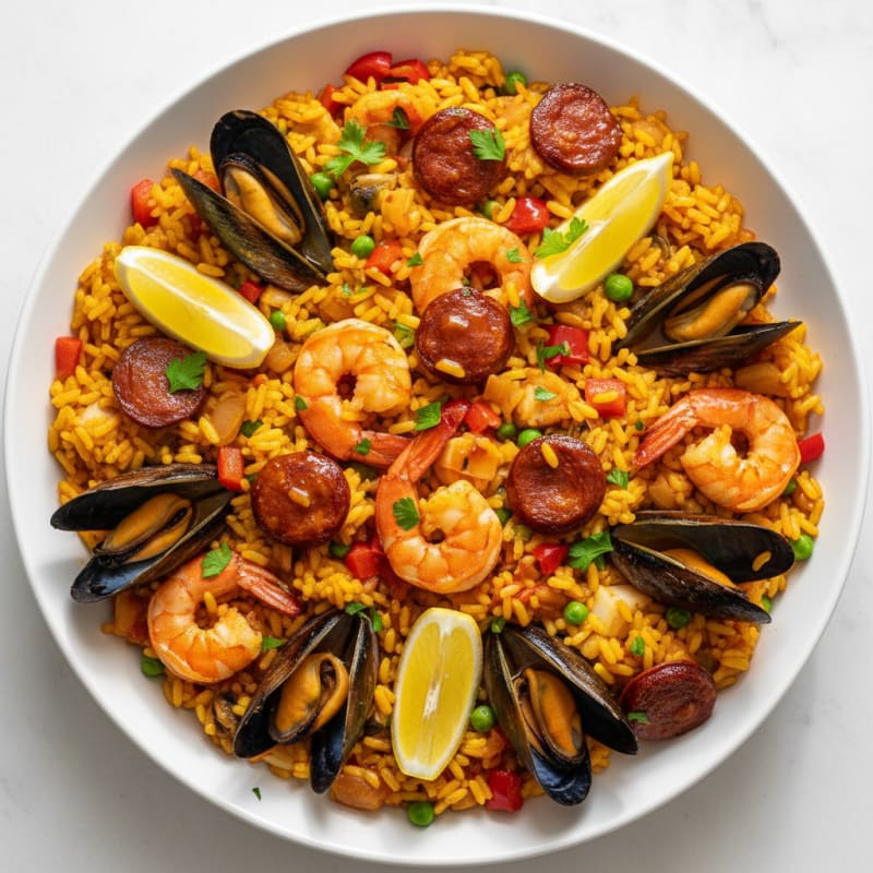 Saffron Seafood Paella with Chorizo