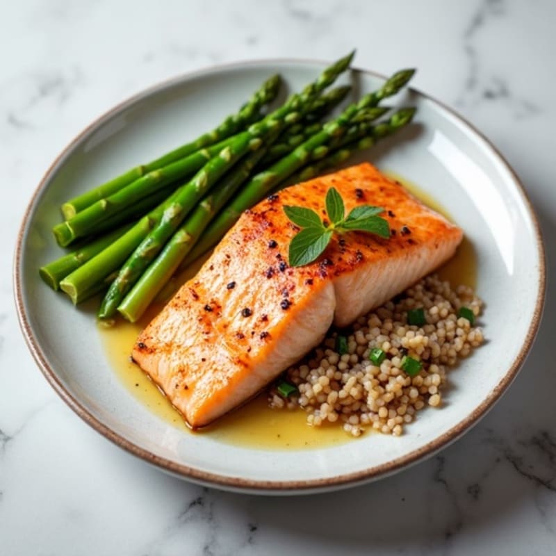 Seared Salmon Fillet with Steamed Asparagus and Brown Rice