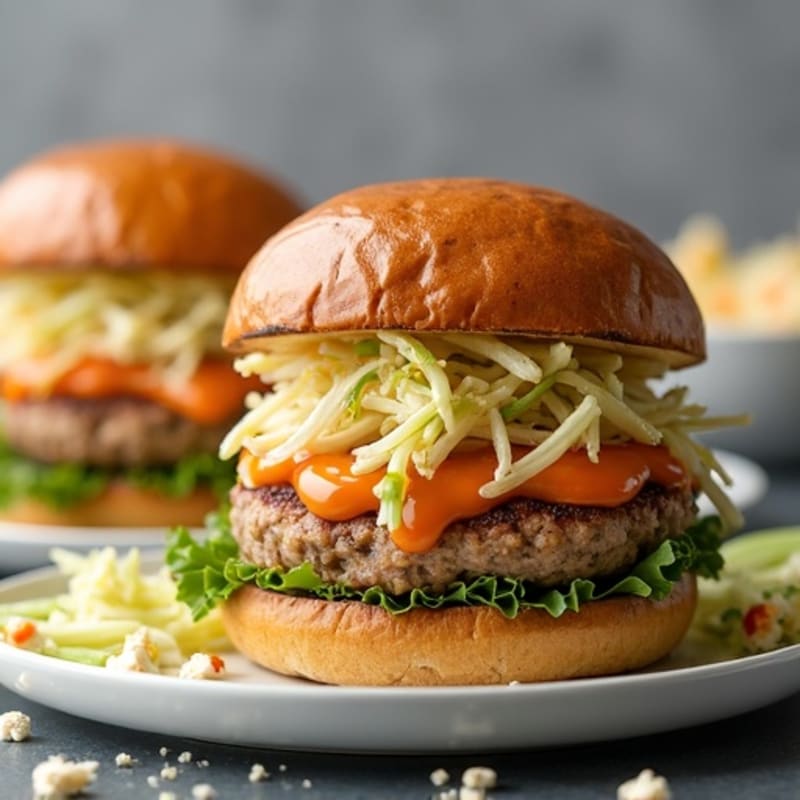 Lean Grilled Turkey Burgers with Creamy Buffalo Blue Cheese Slaw