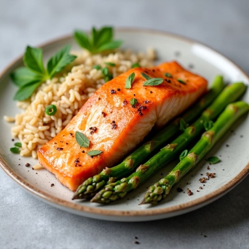 Seared Salmon with Steamed Asparagus and Brown Rice