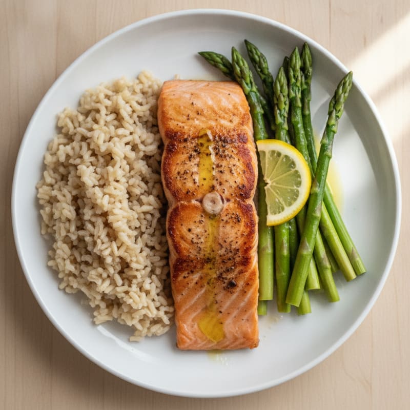 Seared Salmon Fillet with Steamed Asparagus and Brown Rice