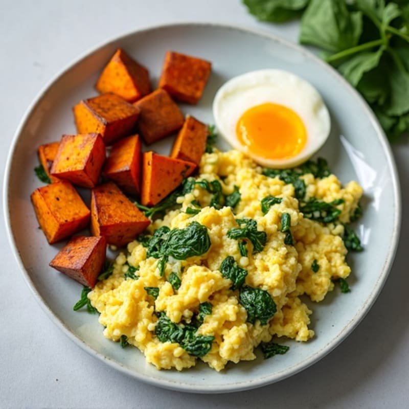 Fluffy Egg and Spinach Scramble with Roasted Sweet Potatoes