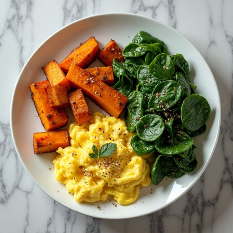 Scrambled Eggs with Spinach and Roasted Sweet Potatoes