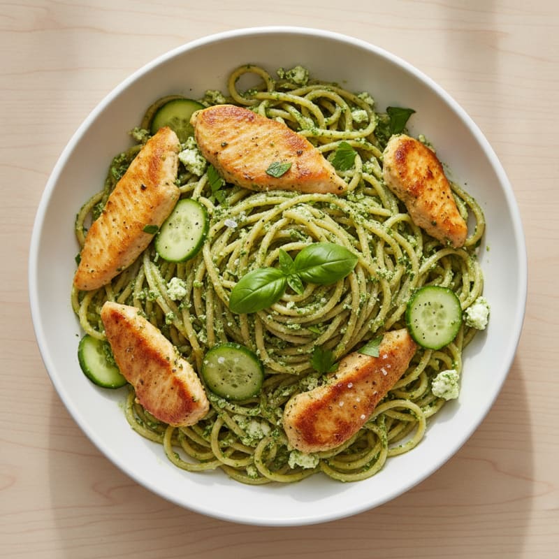 Pesto Chicken Spaghetti with Cottage Cheese
