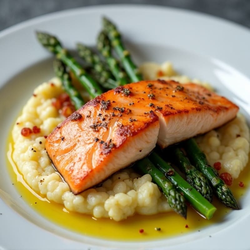 Seared Salmon Filet with Roasted Asparagus and Cauliflower Mash
