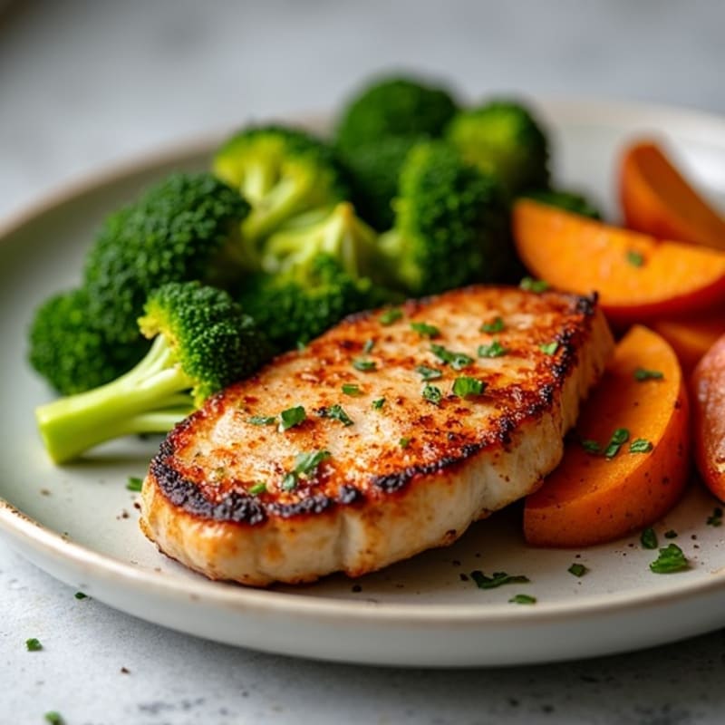 Pan-Seared Pork Chops with Roasted Broccoli and Sweet Potato