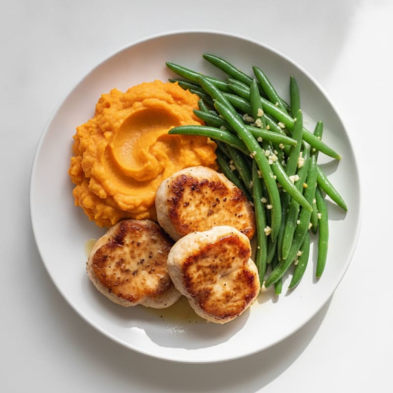 Seared Turkey Cutlets with Garlic Green Beans and Sweet Potato Mash