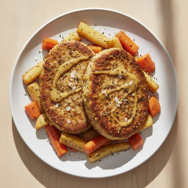 Herb-Crusted Seitan with Roasted Root Vegetables