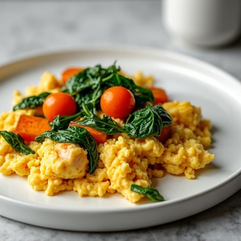 Chicken Egg White Scramble with Spinach and Roasted Sweet Potatoes